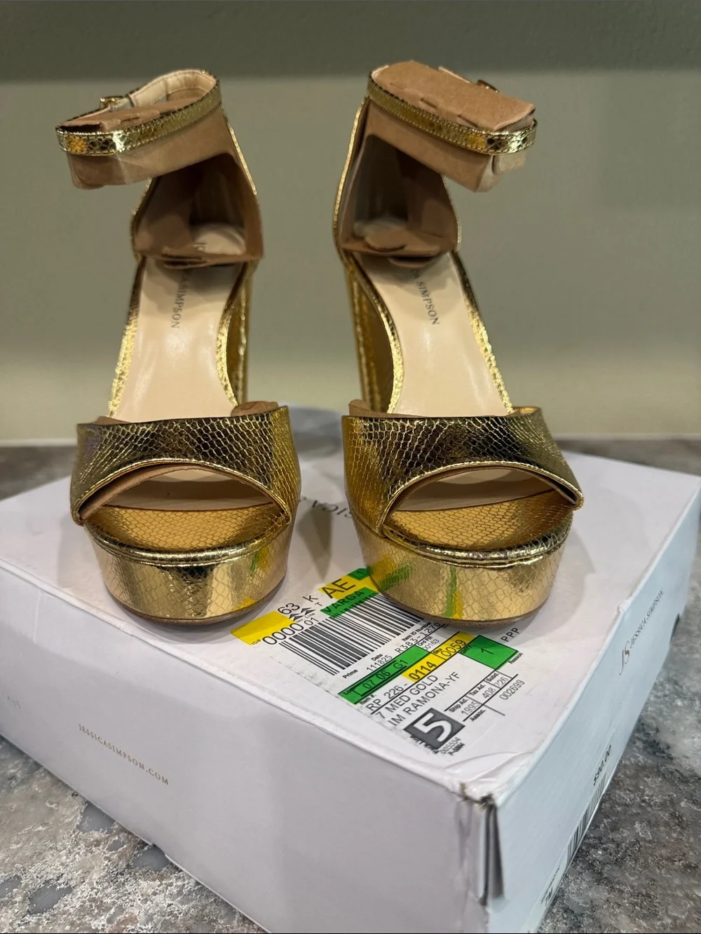 Jessica Simpson Gold Textured Platform Block Heel Sandals